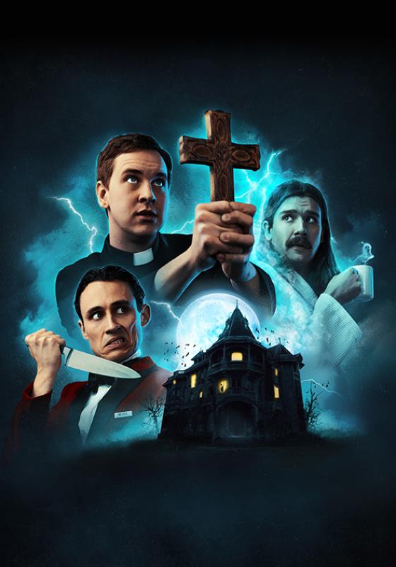 The cast of Crybabies. One holding a cross, one holding a knife and one holding a ghostly cup of tea with a haunted house in the foreground.