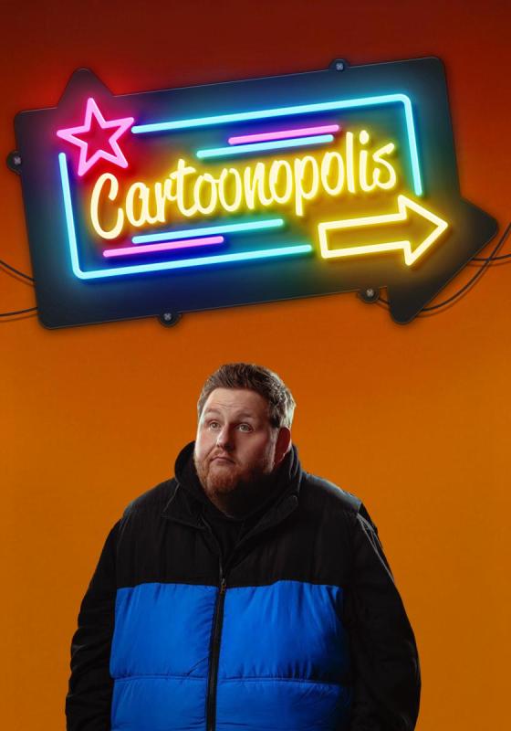 A man in a large puffer coat below a large neon sign that reads 'Cartoonopolis'