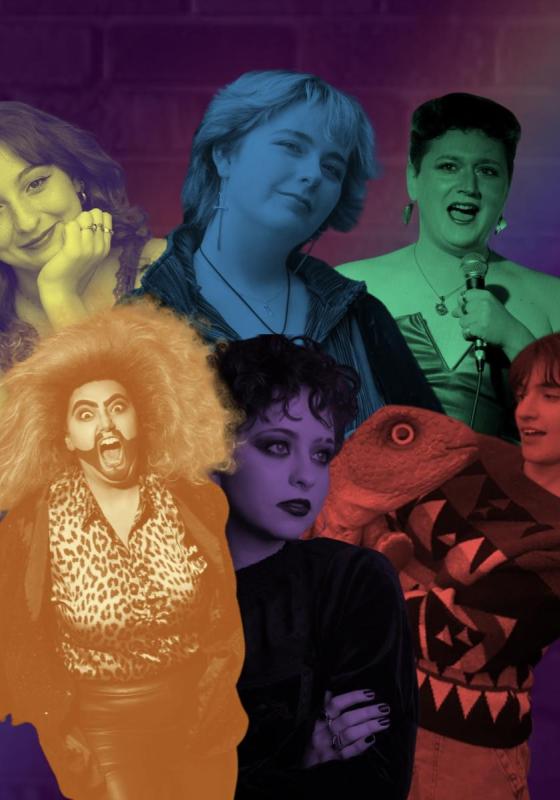 Colourful cut-out pictures of six performers against a purple wall 