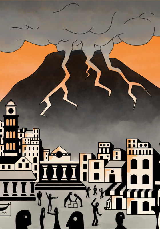 A cartoon illustration of a town in front of a smoking volcano, in red, grey and orange colours. 