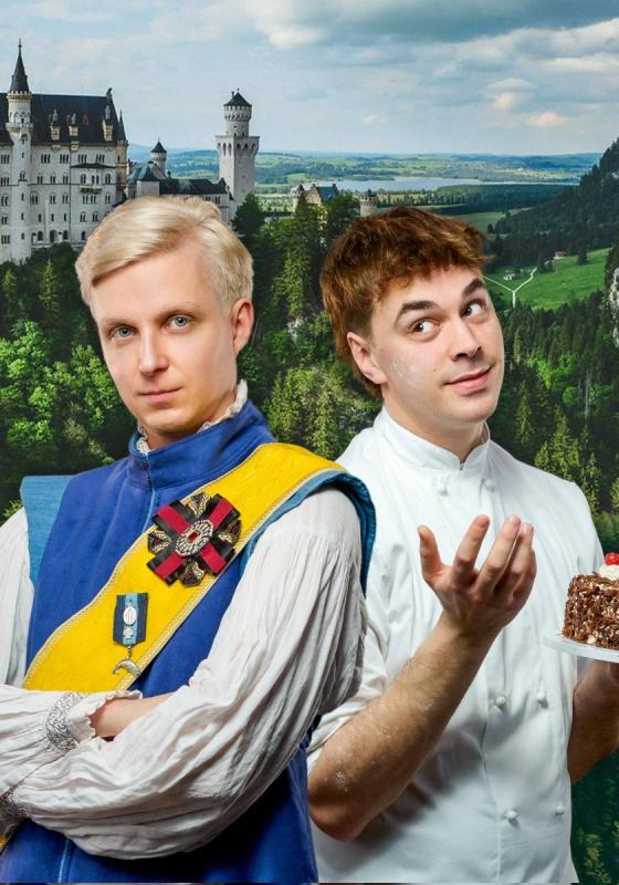 The prince looks stern with their arms crossed and the baker holding a cake against the backdrop of fictional castle