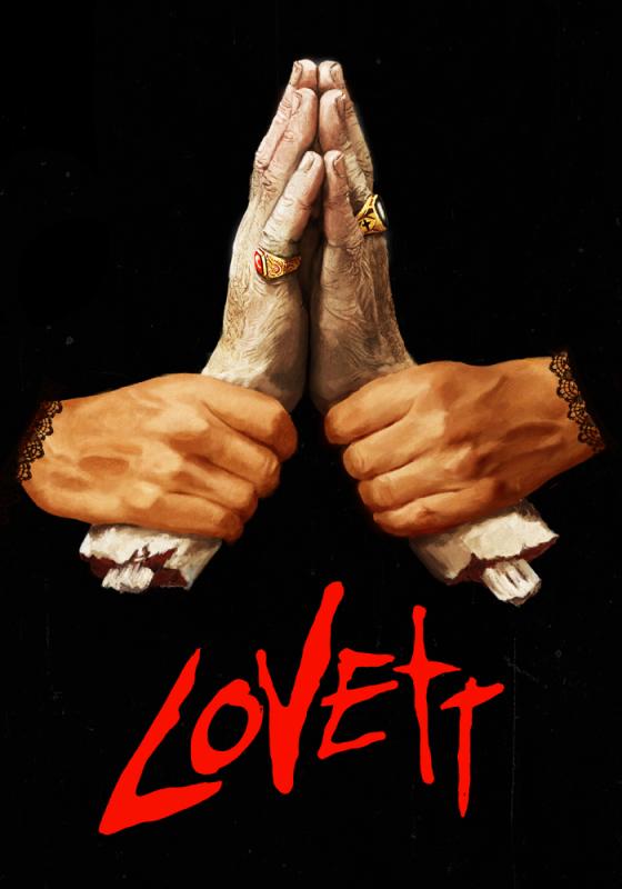 Artwork with one pair of hands held up in prayer, gripped tightly by another.