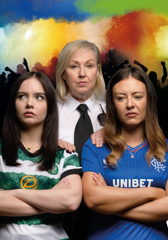 An image of three women. Two women are wearing sports kits in green and blue. The other is wearing a white shirt with black tie. 