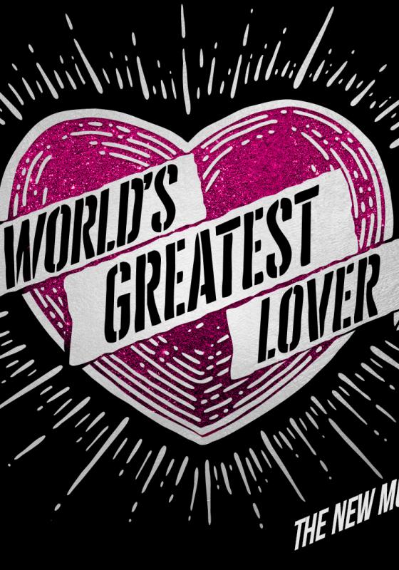 A pink heart with radiating lines features a ribbon across it, displaying the text "WORLD'S GREATEST LOVER" in bold white and black lettering on a black background.