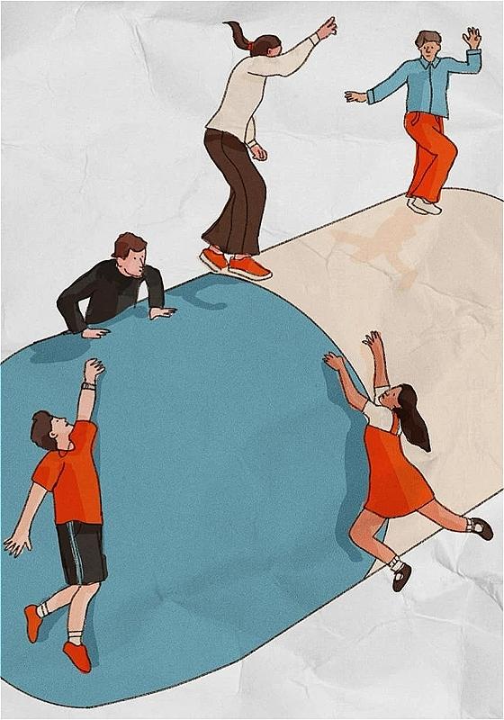 Graphic illustration of five people clambering on a giant pill.