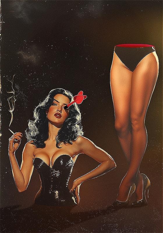 The torso of a magician's assistant wearing heels and holding a cigarette is split into two - top and bottom.