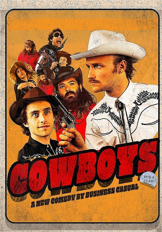 A poster titled 'COWBOYS' with themed costumes and lots of very serious faces and cool hats.