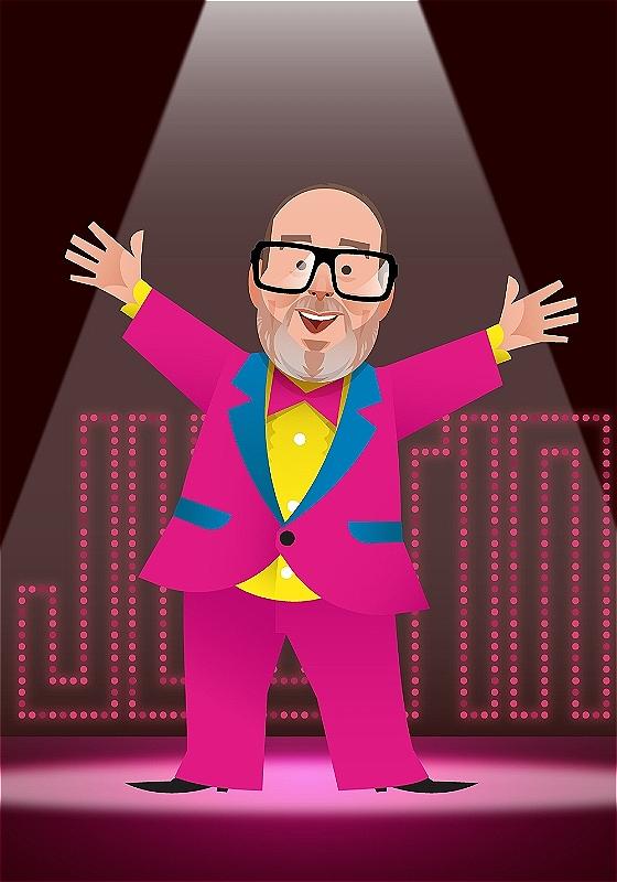 A cartoon version of Justin Moorhouse stands brightly in a pink tuxedo under a spotlight in front of a light banner of his own name.