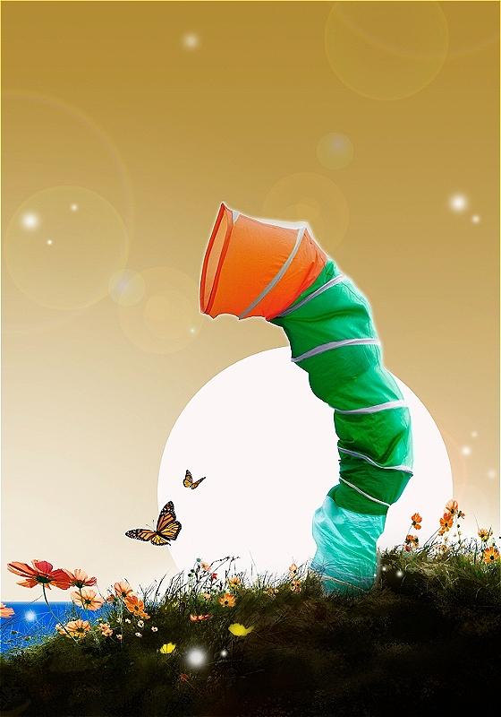 A curious creature peers out to see a sunny landscape with flowers and butterflies.