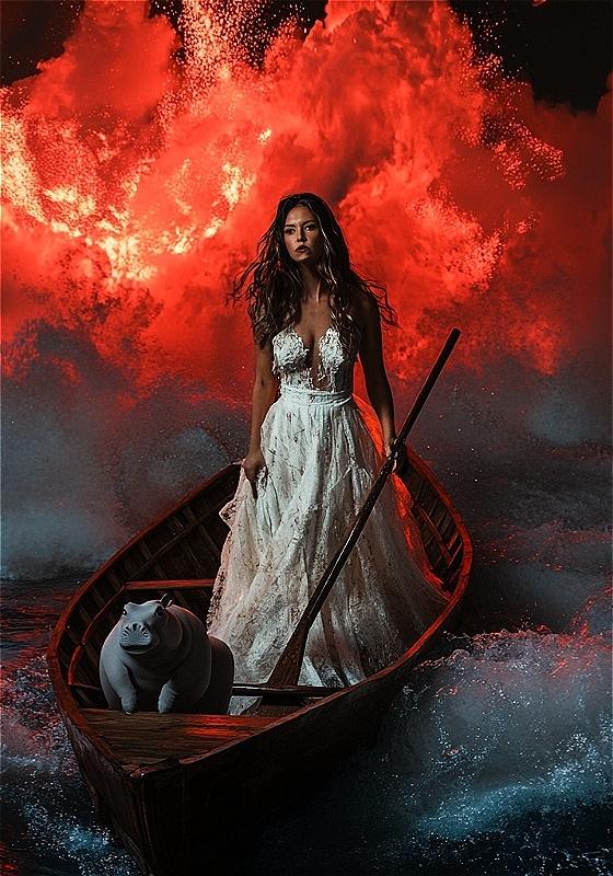 A woman in a white dress stands on a wooden boat with a small creature. The clouds behind are vibrantly orange and contrast the blue of the sea.