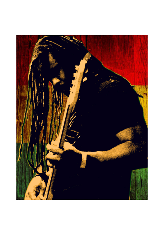 A man with dreads plays the guitar against a wooden background in red, yellow and green