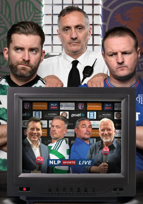 Two men, one wearing a green shirt and another wearing a blue shirt, stand before a man wearing a white shirt and a black tie,in front of them a TV showcasing two men wearing the same shirts between two sportscasters
