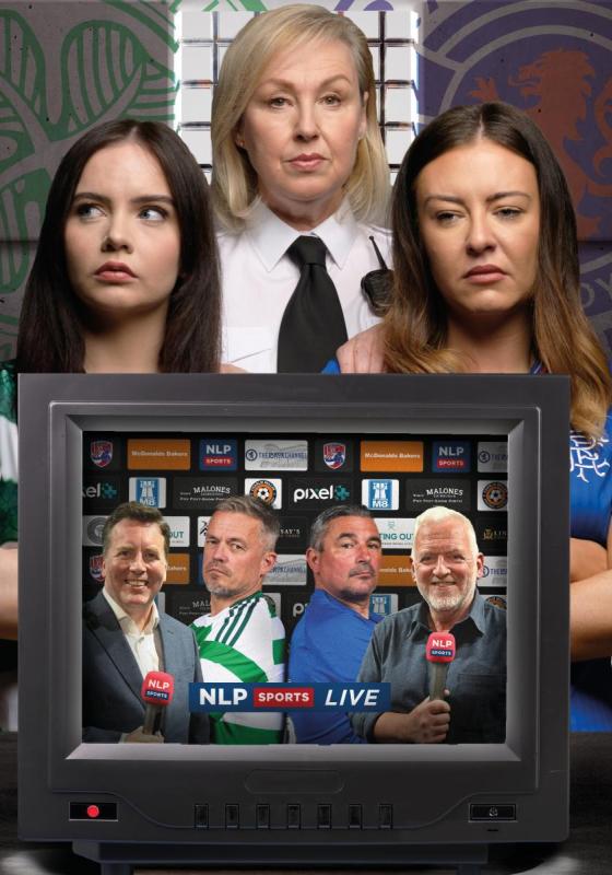 Two women, one wearing a green shirt and another wearing a blue shirt, stand before a woman wearing a white shirt and a black tie,in front of them a TV showcasing two men wearing the same shirts between two sportscasters