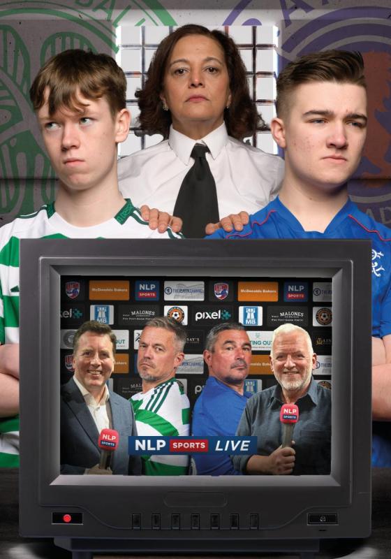 Two young men, one wearing a green shirt and another wearing a blue shirt, stand before a woman wearing a white shirt and a black tie,in front of them a TV showcasing two men wearing the same shirts between two sportscasters