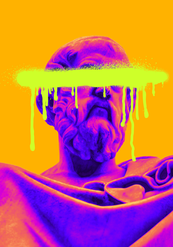 A neon thermal image of a statue with the eyes crossed out by yellow graffiti.