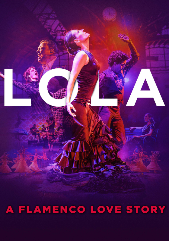 A dancer in a classic flamenco gown with heavy purple and red lighting against the title LOLA