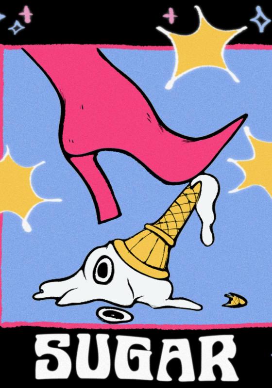 Cartoon image of a pink stiletto heel stepping onto an ice cream with the title SUGAR underneath..