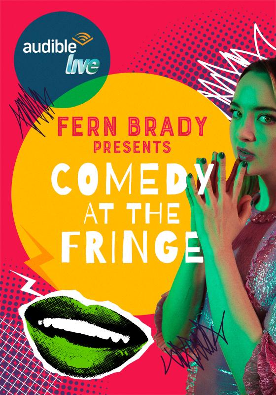 Title and a photo of MC Fern Brady in bright colours with a cartoon mouth on the left side.