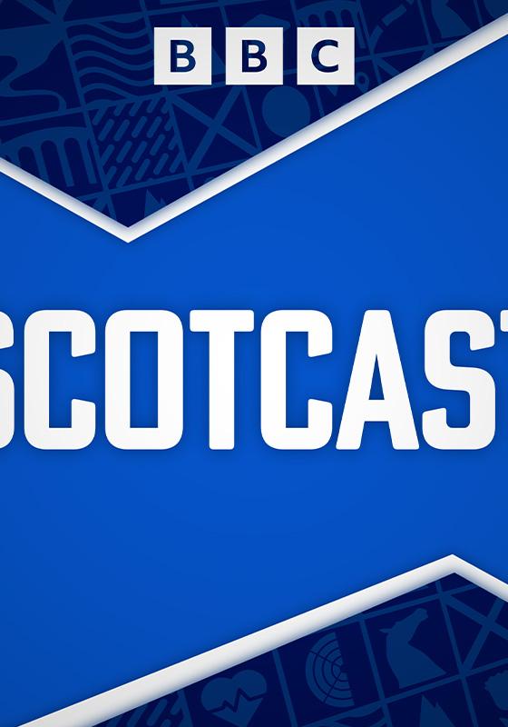 Scotcast BBC logo against the colours of the Scottish flag.