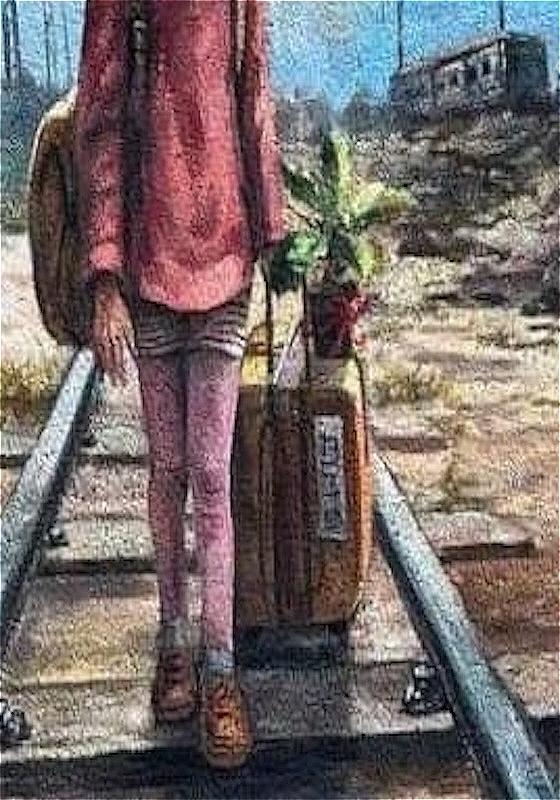 A girl on some train tracks with a suitcase which has a plant on it