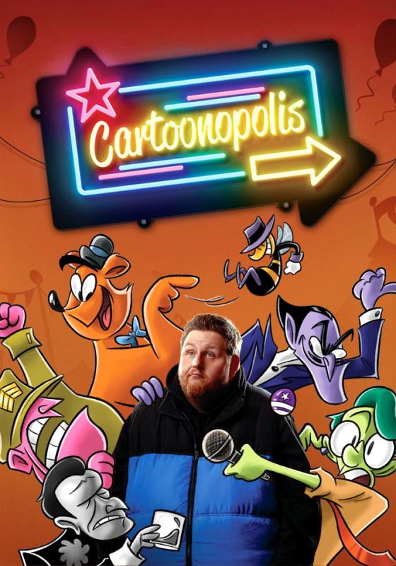 The performer in a large puffer coat surrounded by cartoon characters