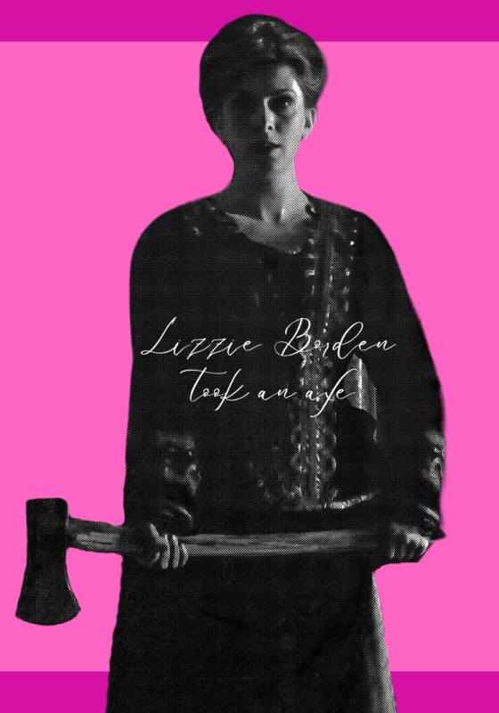 A woman in black, middle age dress holds a large axe. Her image is blurry and doubled. 