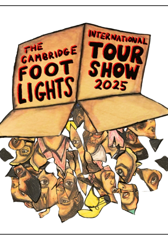 Illustration of a cardboard box which has the words The Cambridge Footlights International Tour Show 2025. Underneath the box are illustrations of paper cuttings with faces on them.