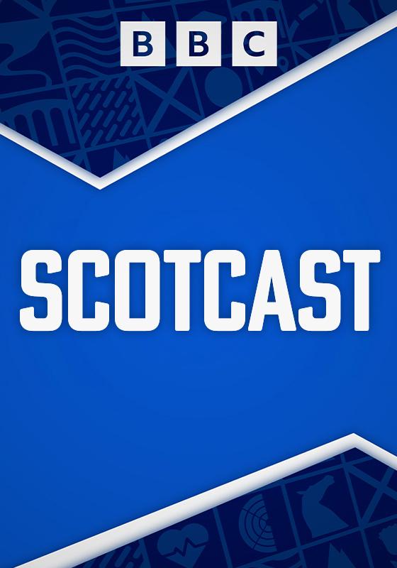 Scotcast BBC logo against the colours of the Scottish flag.