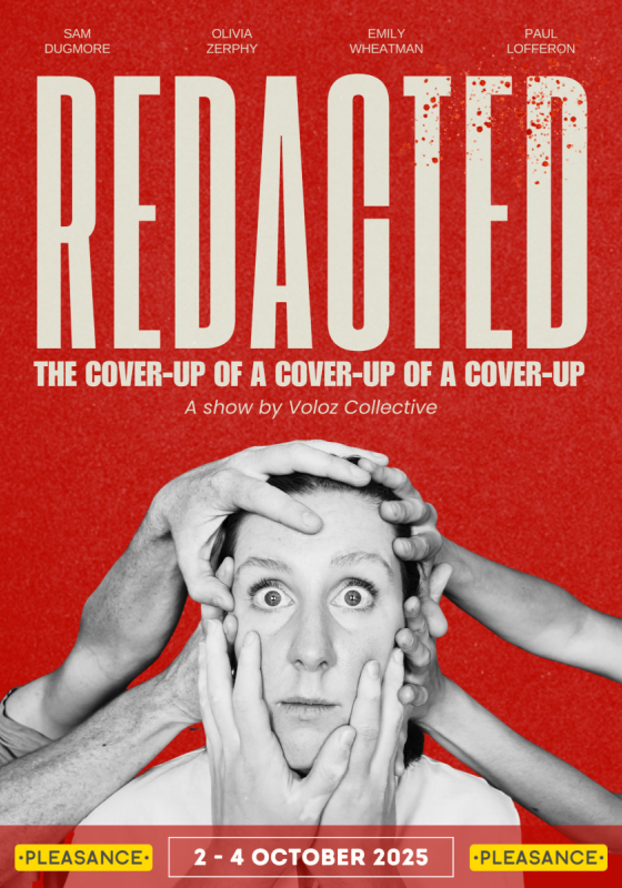 Show poster with hands outstretched touching the performer's head.