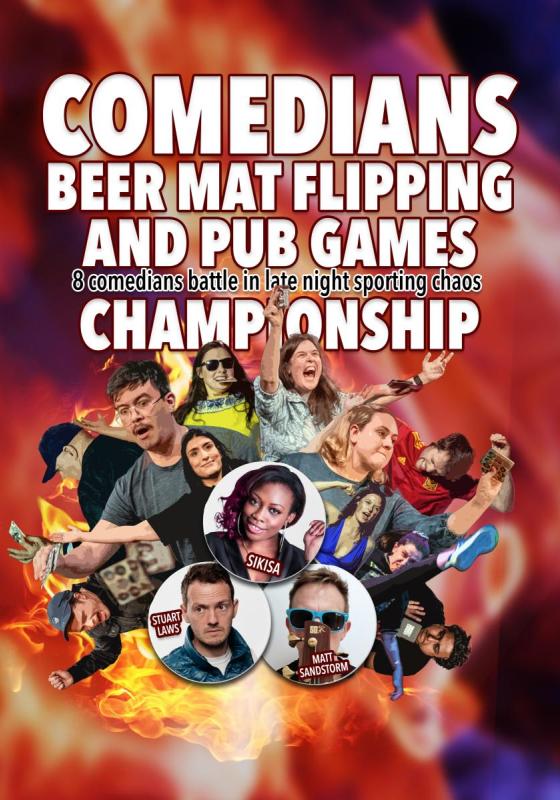 The show title in all caps and pictures of comedians with a fireball background.