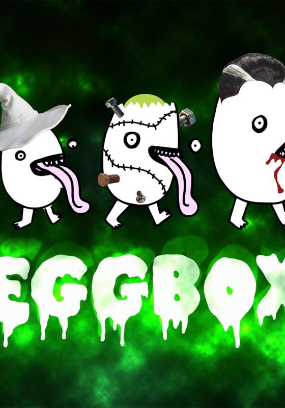 Three spooky eggs against a Halloween background with the title ' EGGBOX'