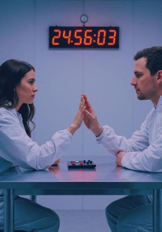 Two people dressed in white touch hands gently over a table. 