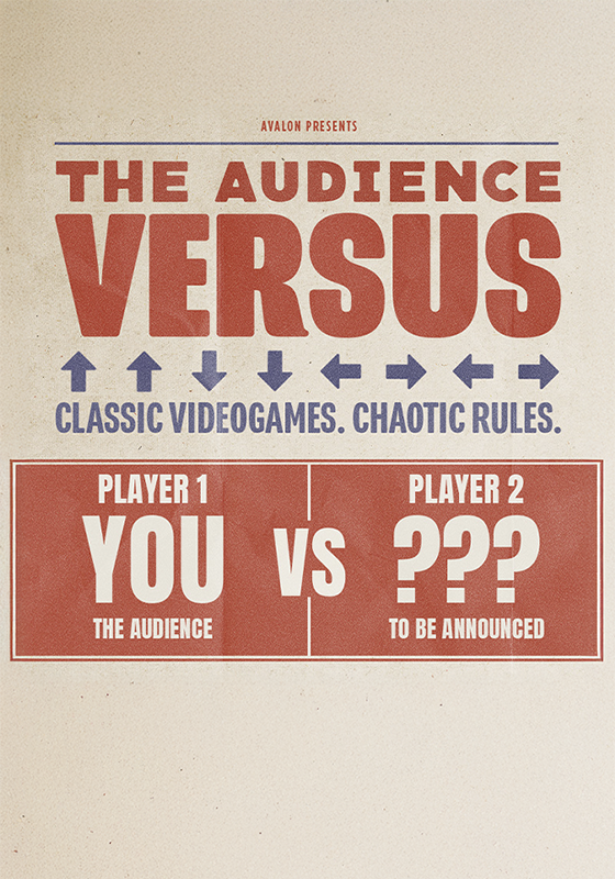A beige paper like texture with "The Audience Versus" Written in red