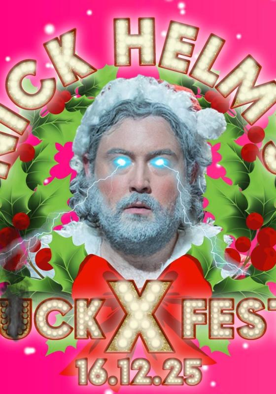 Nick Helm as Santa with lightning shooting from his eyes. The show title and date in light's around him.
