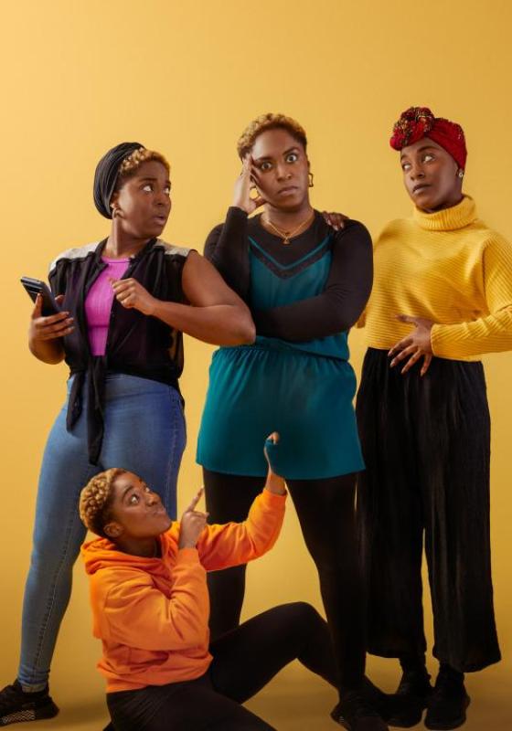 Winnie playing four different characters against a warm yellow background.