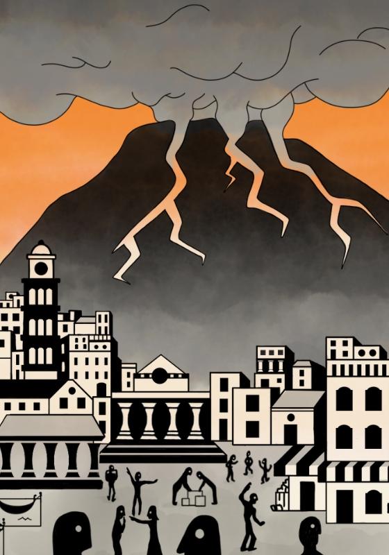 Drawing of Pompei with the volcano erupting.