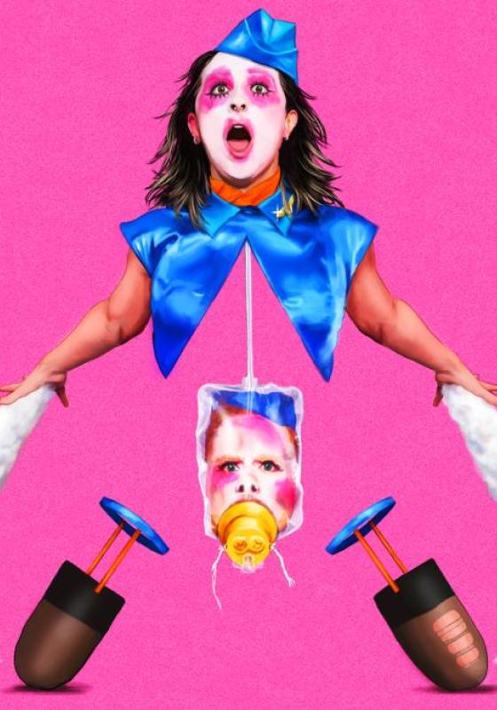 Airhostess has legs wide and a wide mouth, shocked expression on her face. There is a baby between her legs. And her legs are bullets. 