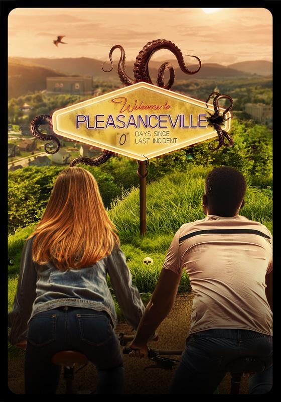 Two teenagers on bikes look out a landscape and road sign welcoming them to Pleasanceville. The tone is eerie.