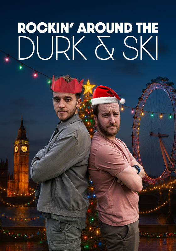 Two performers back to back with a Christmassy London backdrop.