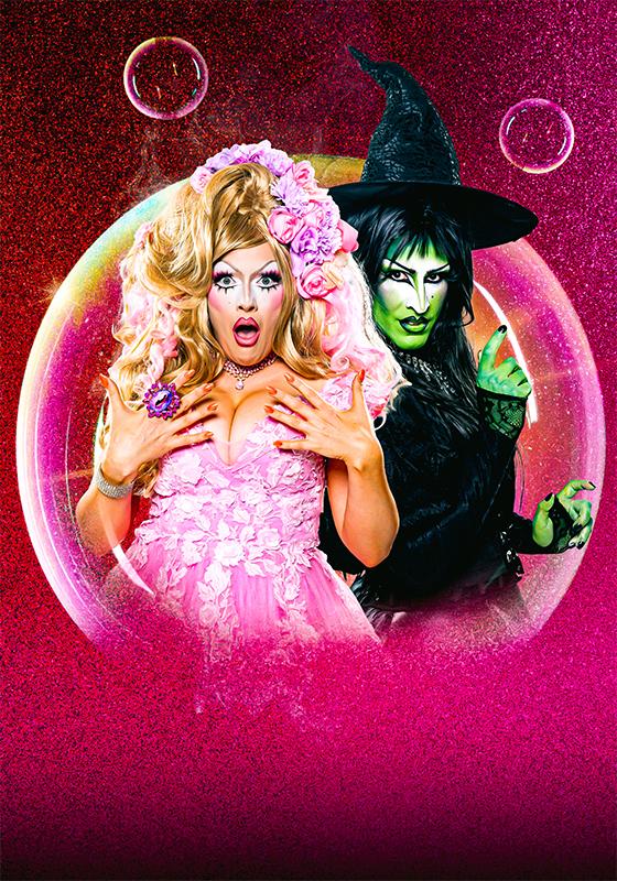 Wicked Witches For adults, written below the good and bad witch against a pink glitter background