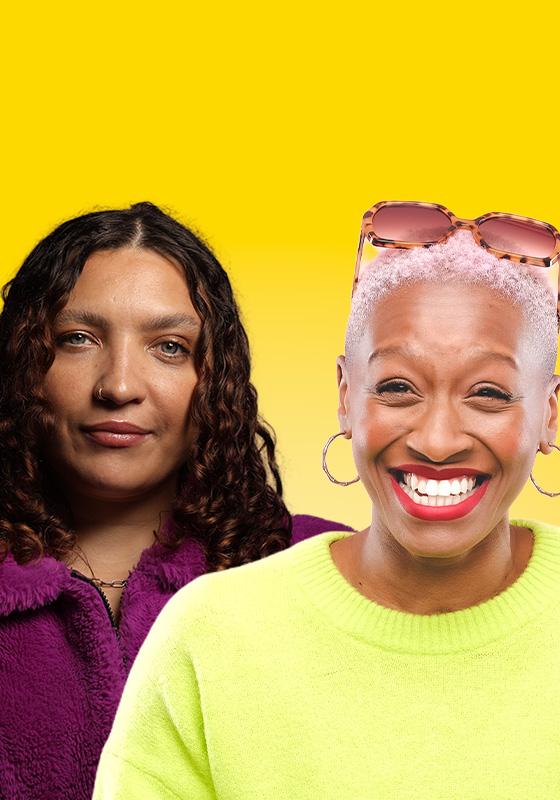 Chantel & Jen smiling with a yellow background