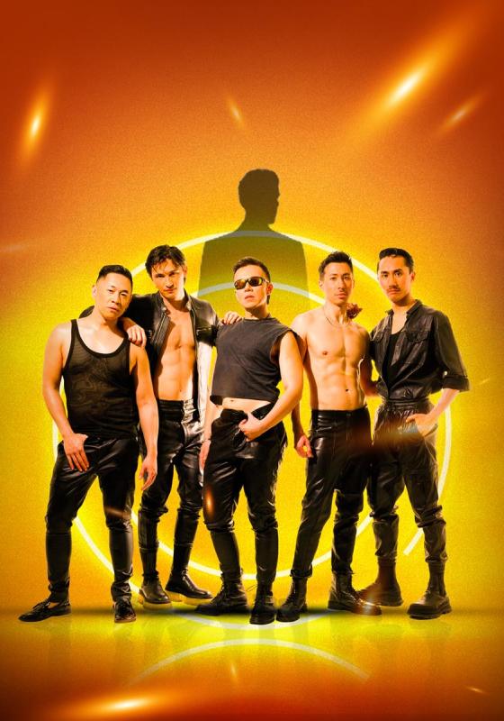 the dragon boiz lined up with a silhouette of a man behind them