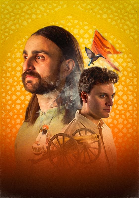 Two men look longingly in opposite directions. In the foreground, a bearded man sits next to a cannon.