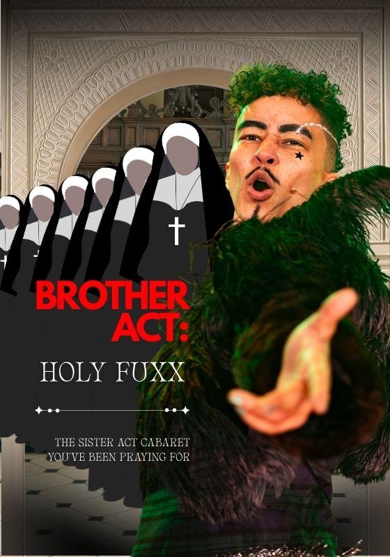 Jamie in a feather outfit with cartoon nuns behind them