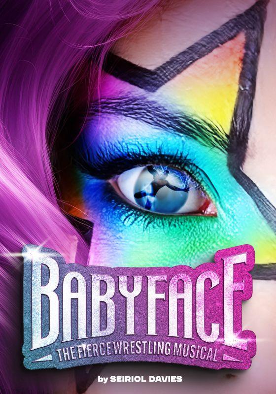 A close-up of an eye with rainbow makeup and the title 'Babyface' in purple