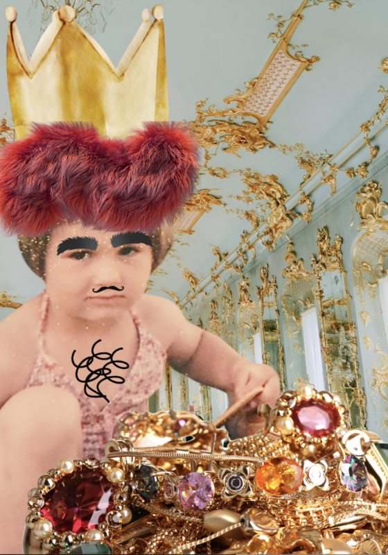 A baby wearing a crown, joyfully holding a collection of shiny gold jewelry in their hands.