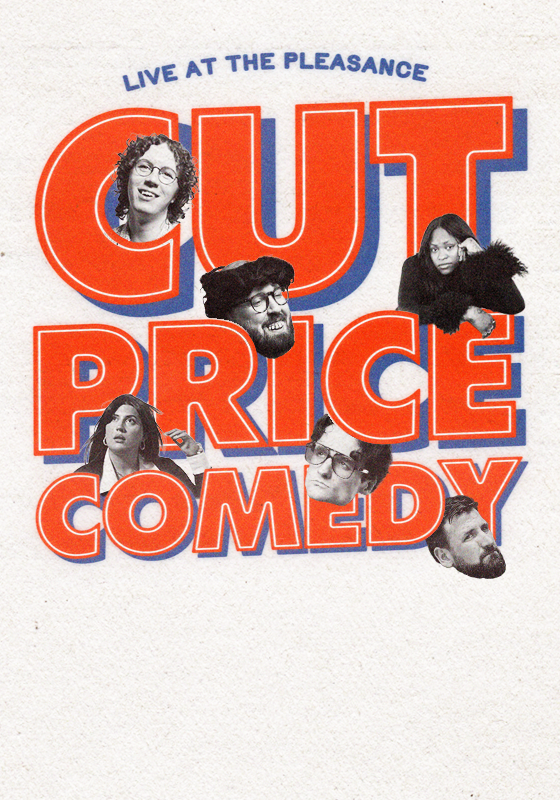 Cut Price Comedy poster with faces of the acts dotted in the letters.