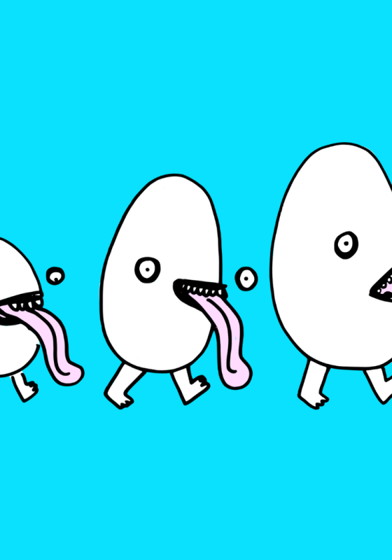A trio of small to large cartoon egg characters walking with their tongues sticking out.