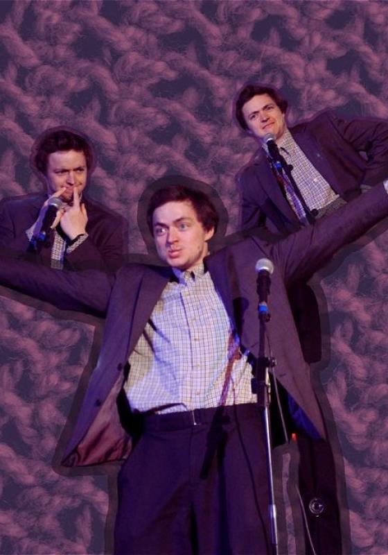 Three pictures of Tom spliced together and superimposed on a close up photo of knitting.