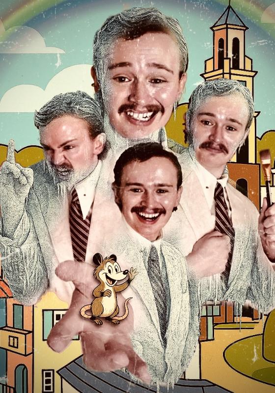 Photo montage of Mort in various poses holding out their hand with imaginary animal characters.